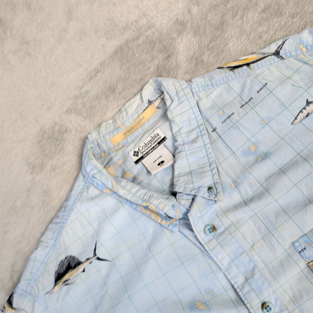 Columbia River Lodge Mens Large Light Blue Florida Keys Fish Map Shirt Fishing